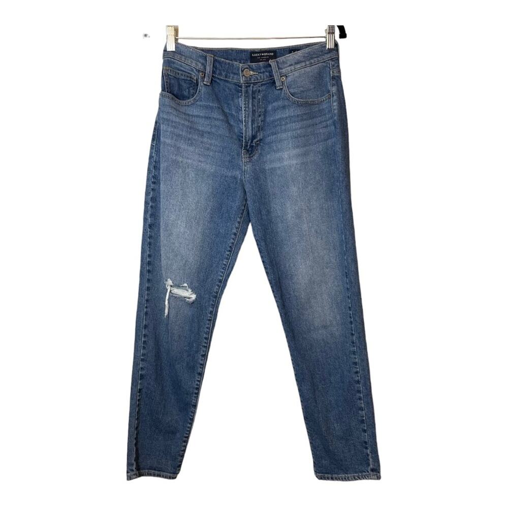 Lucky Brand Drew High Rise Mom Jeans Blue Color Size 2/26 Ripped knee